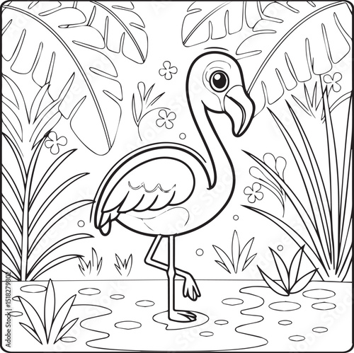Hello summer flamingo with tropical leaves black line art vector coloring page for kids