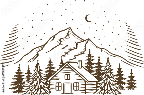 Cozy cabin in forest with snowy mountain background rustic winter landscape, pine trees, starry night illustration