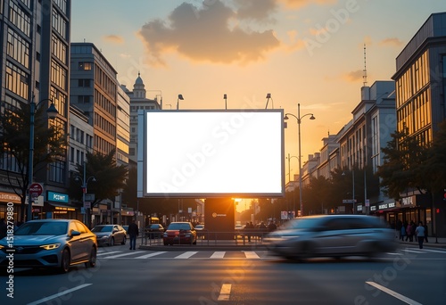 Realistic Urban Billboard Mockup – Sunset City Street with Cars & People