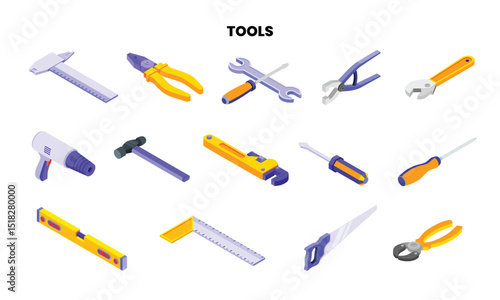Collection of Isometric Construction Tools Icons for DIY Projects