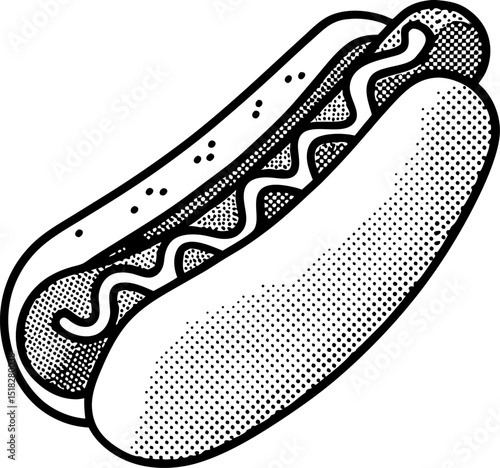Classic hot dog illustration with bun and mustard retro monochrome food drawing, vintage texture detailed snack