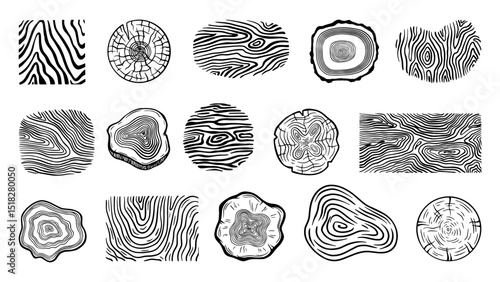 Doodle tree log textures. Trees rings, different trunks and logs structures. Abstract wooden elements, simple natural organic shapes, neoteric vector set