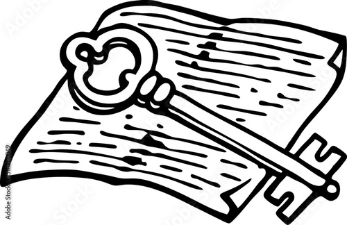 Antique skeleton key and old parchment vintage handwritten document, historical secret, unlocking mystery
