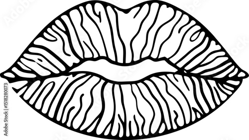 Plump lips illustration with hand drawn lines outline  graphic of sensual lips, minimalist beauty and fashion icon