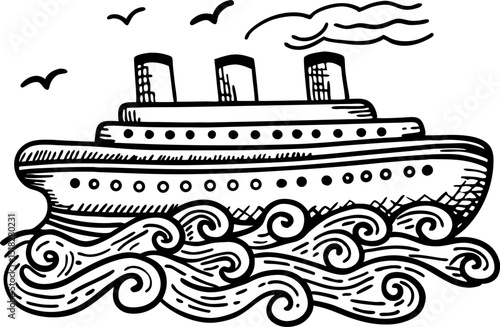 Ocean liner sailing on waves hand drawn cruise ship illustration with birds and sea vintage nautical travel concept