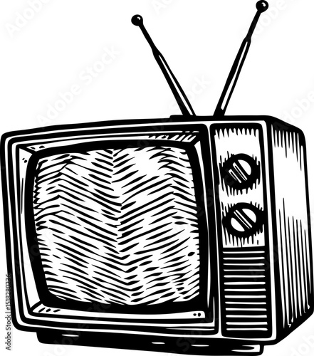 Vintage retro television with antennas old fashioned classic tv set, monochrome sketch illustration