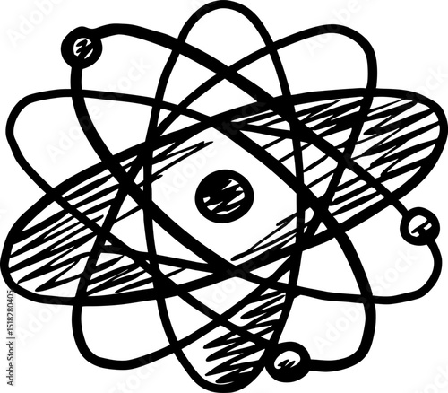 Atomic structure illustration hand drawn atom model, nucleus with orbiting electrons, science education, chemistry concept