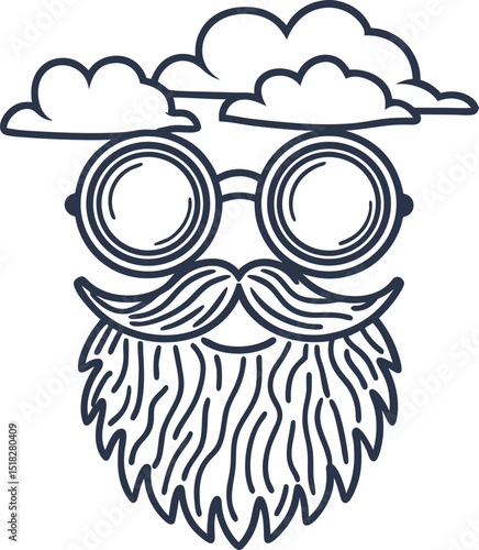 Bearded man with glasses and clouds quirky abstract line art, whimsical hipster face illustration, surreal concept