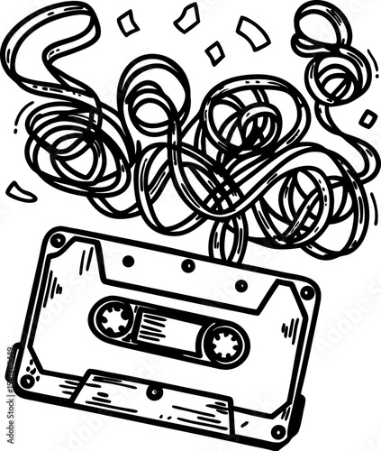 Retro audio cassette with tangled tape vintage music, analog sound, old mixtape memory illustration