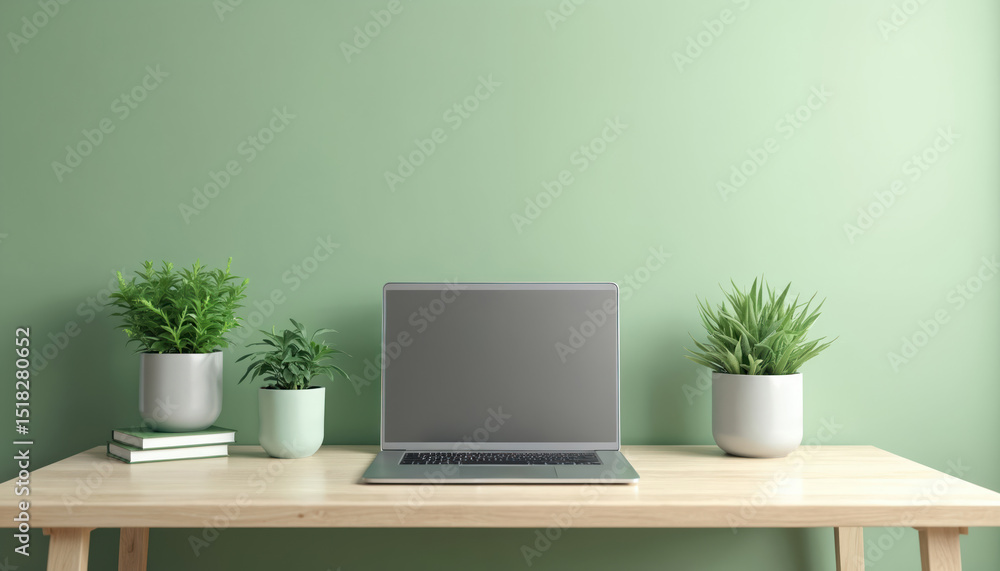 Minimalist workspace with laptop, plants. Modern home office, light wooden desk, green wall backdrop. Empty screen mockup, digital device on table. Concept, remote work, home office interior design, Minimalist workspace with laptop, plants. Modern home office, light wooden desk, green wall backdrop. Empty screen mockup, digital device on table. Concept, remote work, home office interior design,