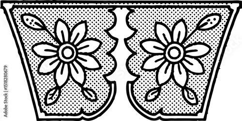 Black and white vintage floral illustration, symmetrical flower decoration with leaves and ornamental pattern