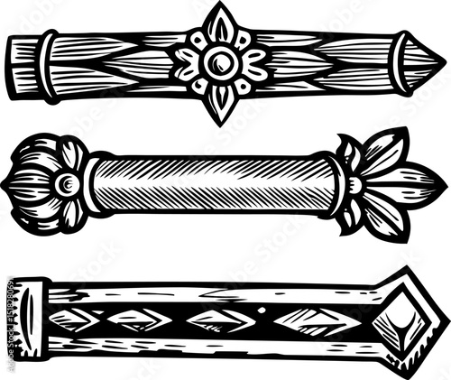 Traditional wooden batons with floral and geometric carvings, tribal ceremonial handcraft illustration