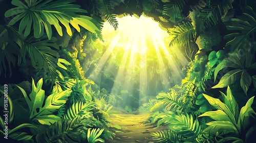 Luminous jungle path through cave opening sunlight tropical plants