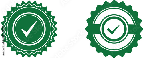 Green checkmark badges approval seal icons.