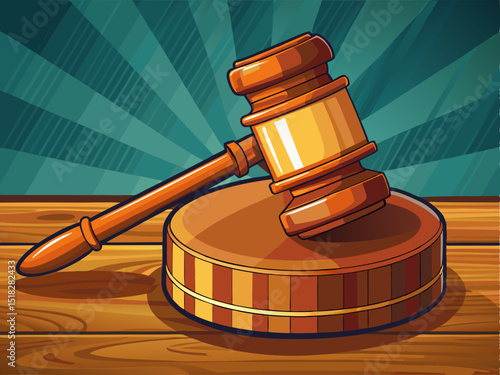 A stylized vector of a gavel hitting the sound block on a solid courtroom wood background