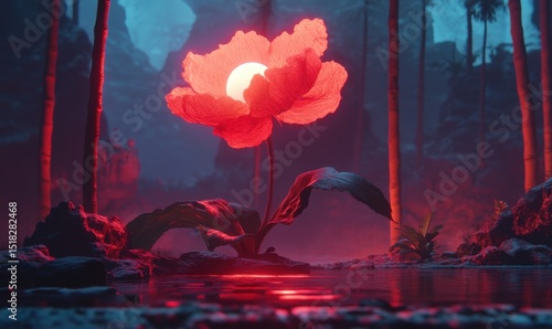 Glowing red flower in dark tropical forest, fantasy scene, digital art, wallpaper