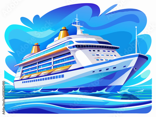 A vector of a luxurious white cruise ship sailing on blue water, isolated on a white background