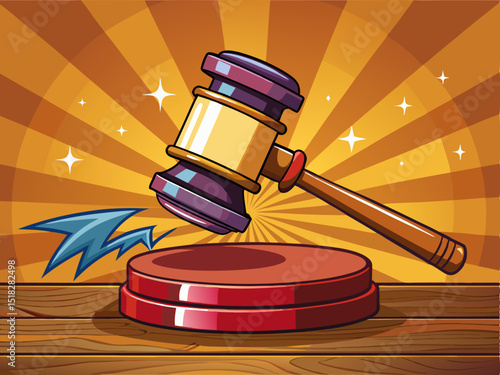 A stylized vector of a gavel hitting the sound block on a solid courtroom wood background