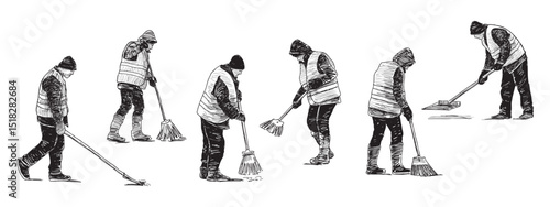 Hand drawing of group janitors with brooms, shovels working outdoors, realistic sketch, vector illustration isolated on white