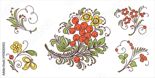Outline hand drawingы of decorative bunches with berries, flowers, leaves, tendrils, vector illustration