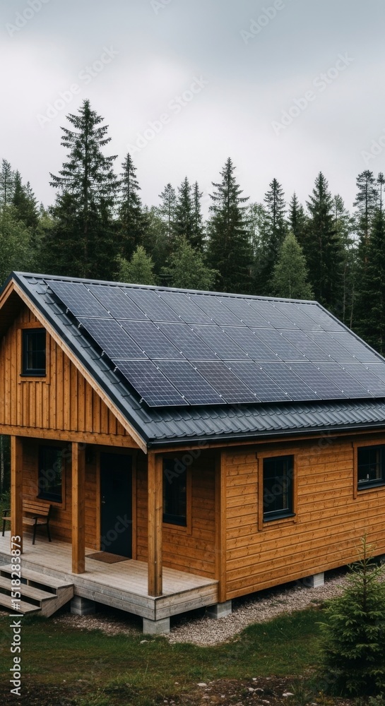 Modern sustainable wooden cabin with solar panels on the roof, located in a peaceful forest setting. This eco-friendly home represents green living and renewable energy, surrounded by tall pine trees Modern sustainable wooden cabin with solar panels on the roof, located in a peaceful forest setting. This eco-friendly home represents green living and renewable energy, surrounded by tall pine trees