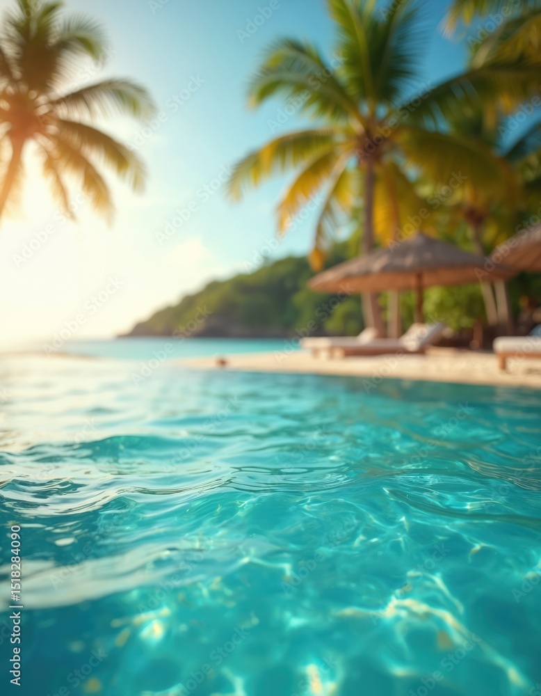 Obraz premium Tropical beach scene with turquoise ocean water, swaying palm trees, beach umbrellas, sunny sky. Crystal clear waters, golden sunlight, tranquil seaside, perfect for vacation, getaway. Idyllic coast,