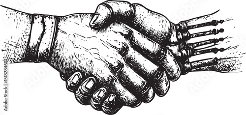Mechanical human robot handshake sketch engraving vector illustration. Scratch board style imitation. Black and white hand drawn image.