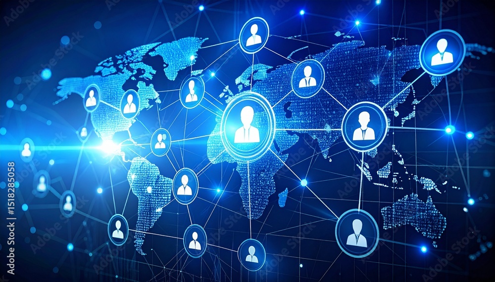 Artificial Intelligence LinkedIn concept. Digital network connecting people across a global map. Artificial Intelligence LinkedIn concept. Digital network connecting people across a global map.