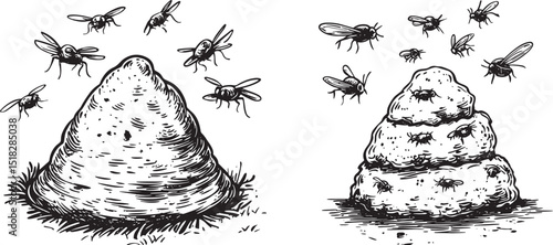 Poop with flies sketch engraving vector illustration. Scratch board style imitation. Hand drawn image.