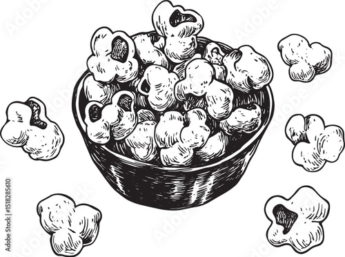 Popcorn food sketch engraving vector illustration. Scratch board style imitation. Black and white hand drawn image.