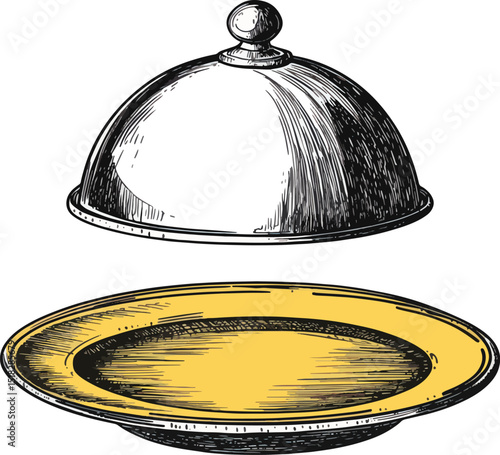 Dish plate with cloche and invisible food color sketch engraving vector illustration. Scratch board style imitation. Black and white hand drawn image.