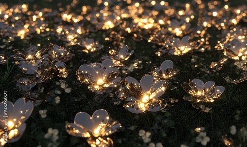 Illuminated metal flowers in a field at dusk; magical, dreamy background for fantasy or nature designs