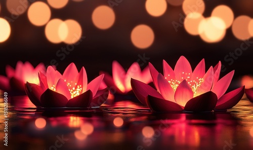 Illuminated lotus flowers float on dark water, bokeh background; serene, spiritual scene