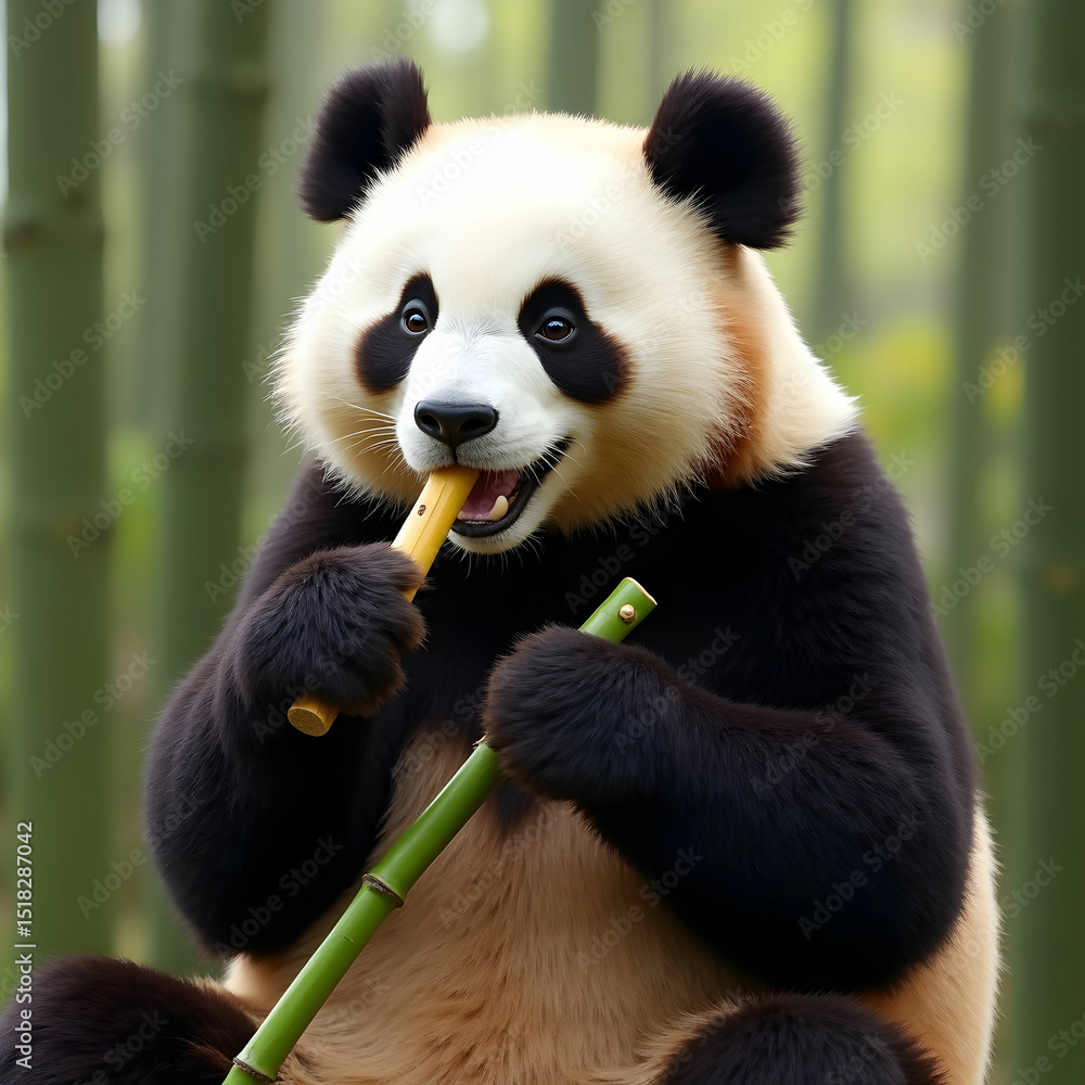 Fototapeta premium Cheerful panda eating bamboo