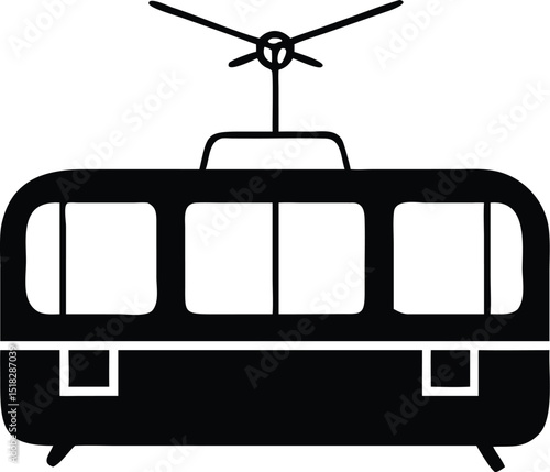 Isolated Black and White Tram Icon with Three Windows on White Background