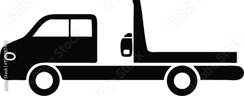 Black and White Silhouette of a Tow Truck with Flatbed Design Icon