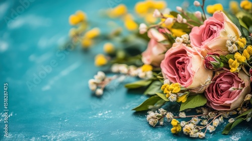 Beautiful arrangement of pink roses and yellow flowers on blue background