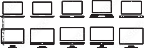 Collection of black and white minimalist icons representing laptops and computer monitors
