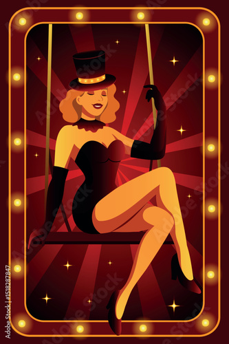 Circus. Vector illustration of a circus performer in a cabaret costume and top hat on a swing, on a backlit background. Stylish retro design for advertising posters, tickets, banners