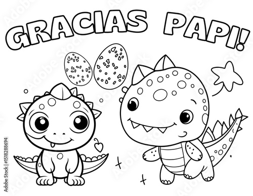 Página para colorear en español con dinosaurios simpáticos y la frase "gracias papi"; una idea original para una postal hecha a mano para el Día del Padre