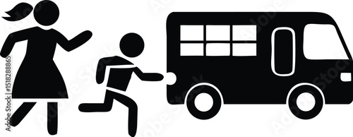 Stick Figure Child Running to Bus with Woman; Icon Illustrating Transportation Safety