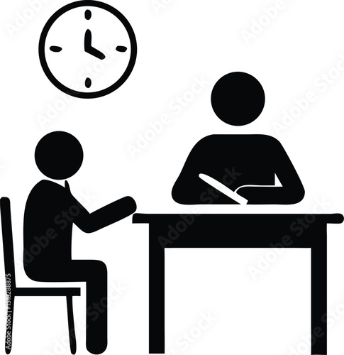 Stick Figures at Desk With Clock Showing Time, One Explaining and One Writing