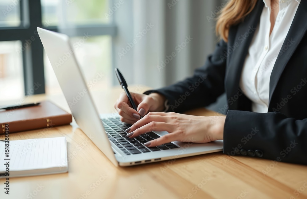 Businesswoman works on laptop at office desk. Woman writes in notebook using pen. Office worker in suit, white shirt. Modern workplace, paperwork, data analysis, online communication. Working, typing. Businesswoman works on laptop at office desk. Woman writes in notebook using pen. Office worker in suit, white shirt. Modern workplace, paperwork, data analysis, online communication. Working, typing.