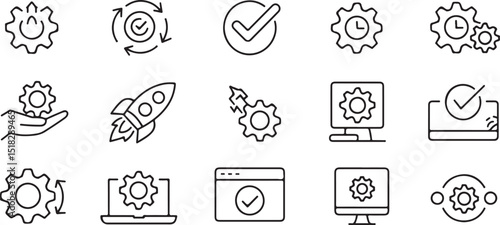Collection of minimalist gear icons representing process optimization and technical solutions