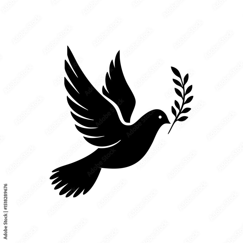 Obraz premium Minimalist black silhouette of a dove in flight carrying an olive branch, symbolizing peace. Clean vector logo of a flying bird with a leaf sprig, perfect for peace or charity concepts.