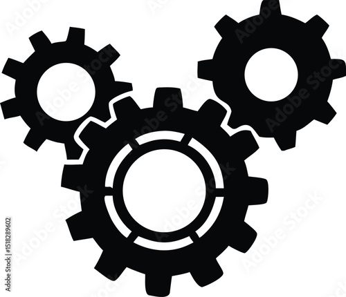 Three Black Gears Interlocking, Representation of Teamwork, Engineering, and Mechanical Processes
