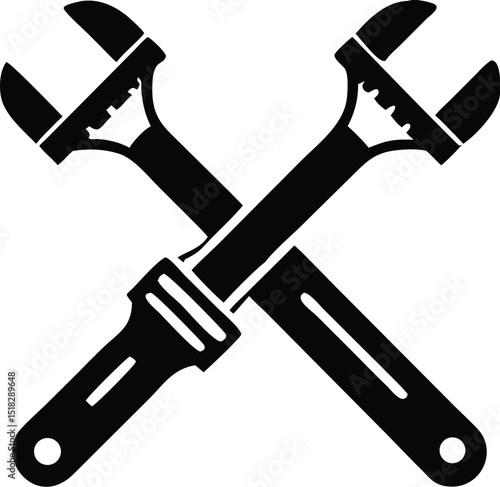 Two Black Adjustable Wrenches Crisscrossed on a White Background, Simple Hand Tool Design