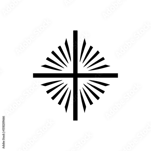 Minimalist Christian cross icon with stylized sun rays emanating from the center.

