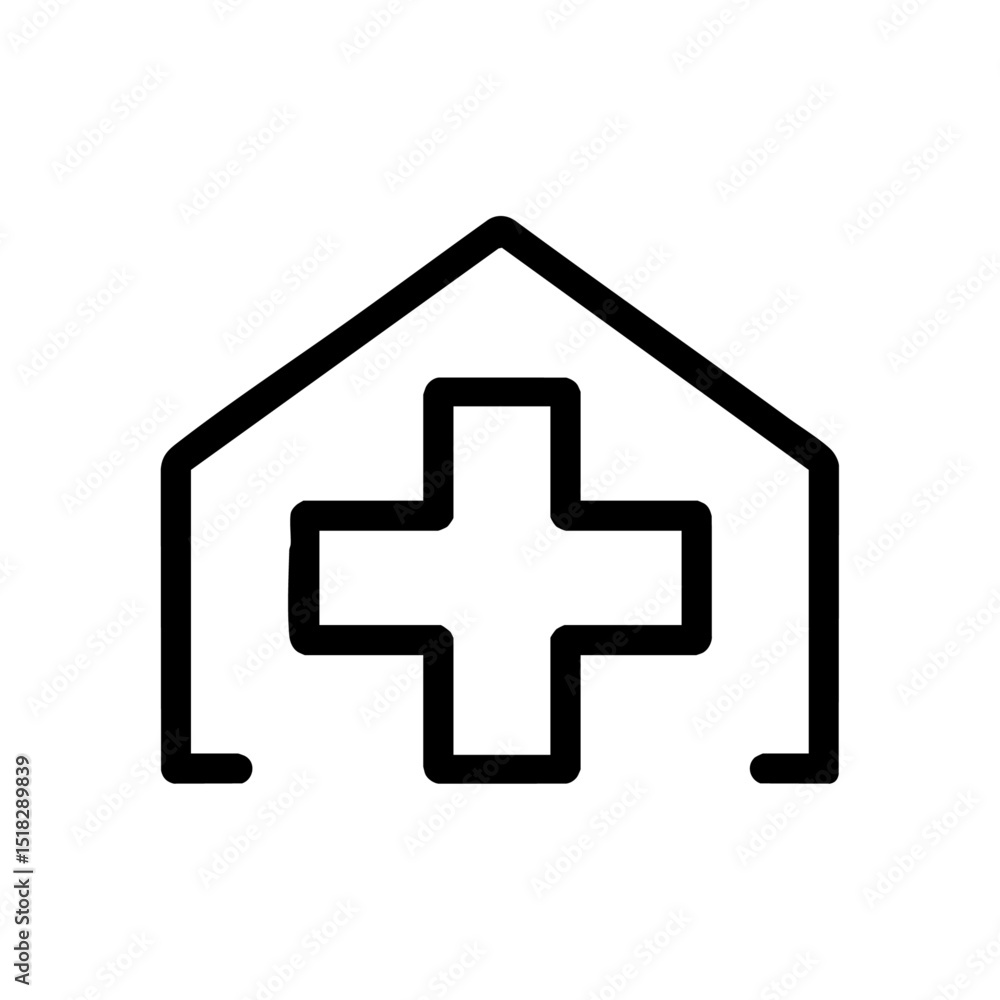 Obraz premium Minimalist logo of a medical cross integrated into a house outline, symbolizing home healthcare services.