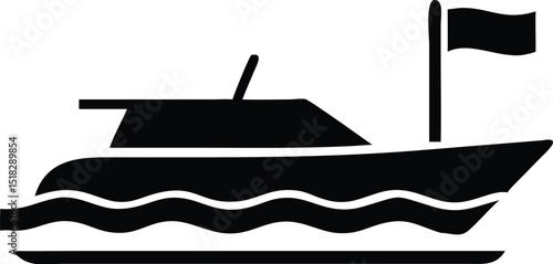 Black Silhouette of a Motorboat Floating on Waves with a Flag on Top